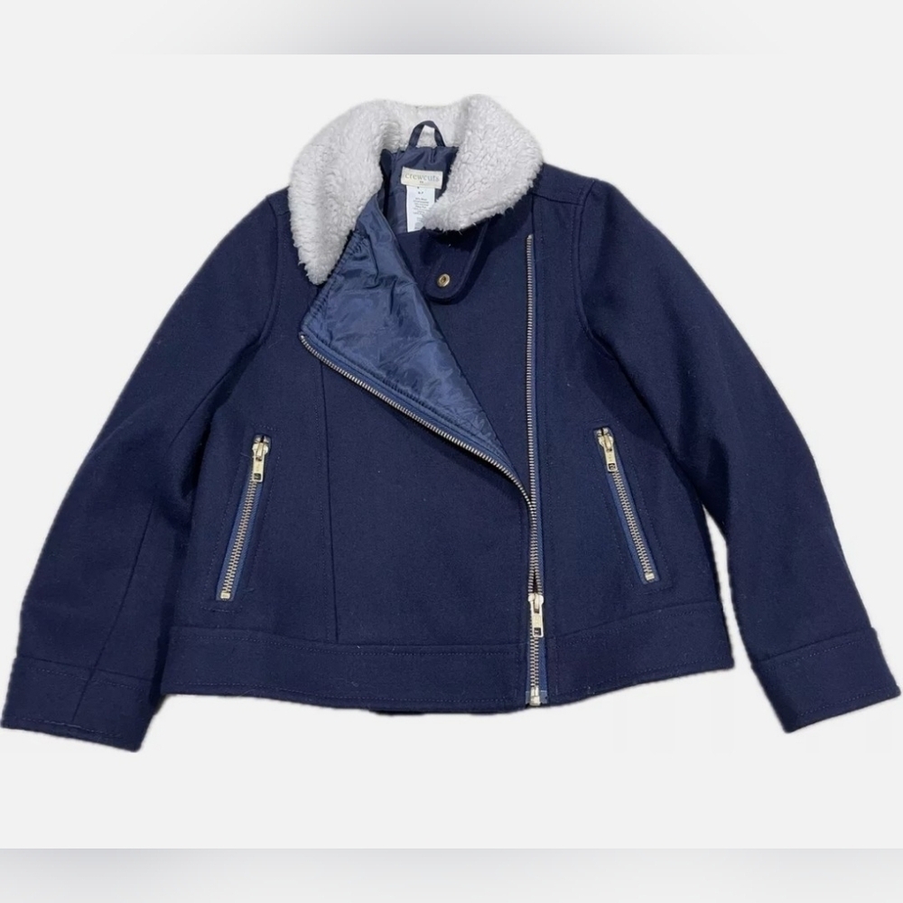 J.Crew Crewcuts Wool Blend Moto Jacket Navy Gold Hardware Sherpa Fur Collar 6-7 - Picture 3 of 16